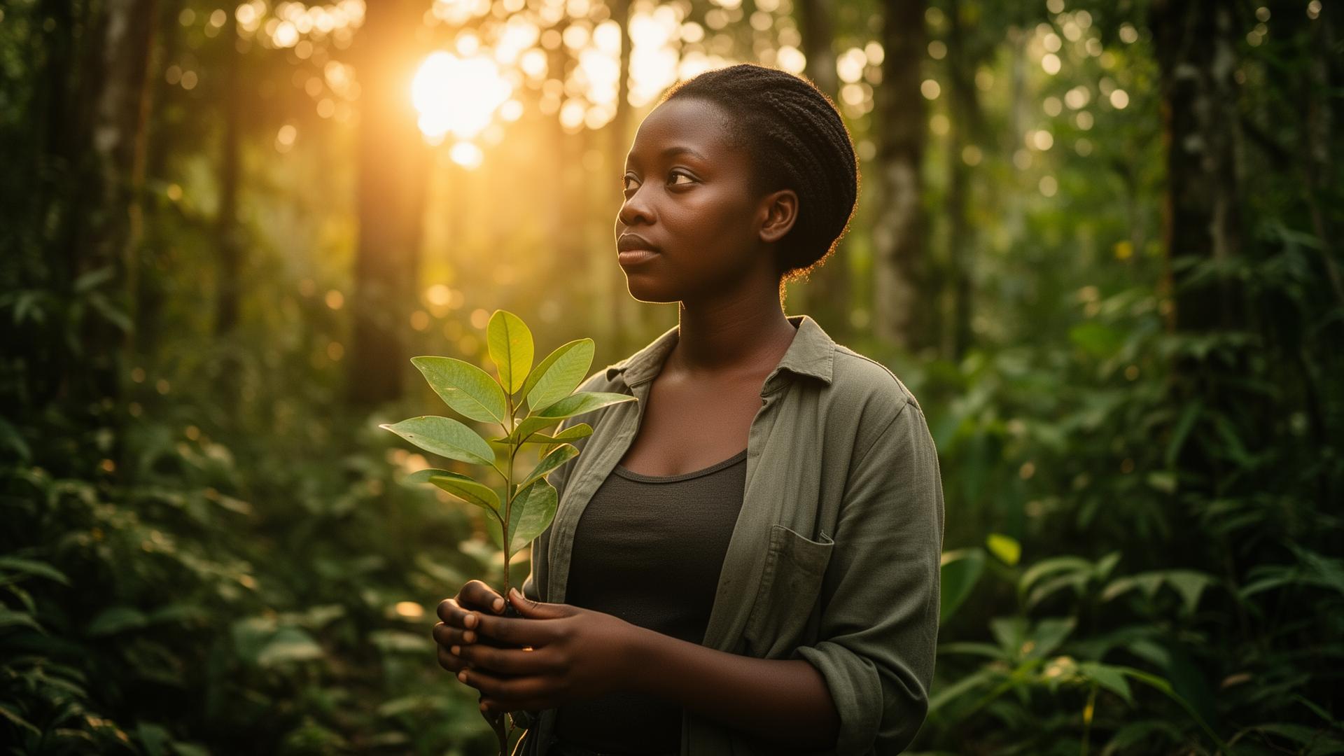 A young environmental leader in the field at golden hour